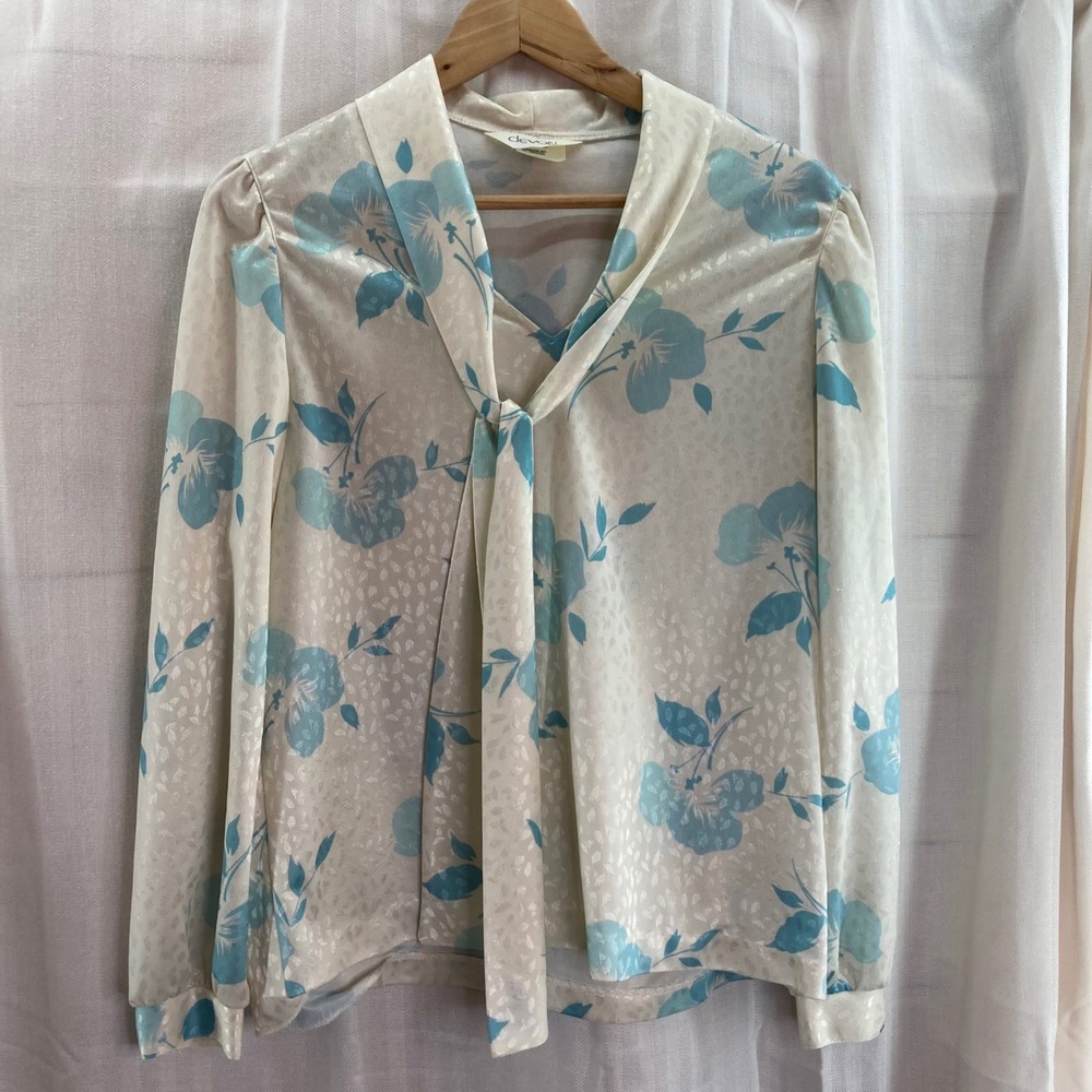 Vintage Devon Cream Blue Floral Bow Tie Neck Blouse Long‎ Sleeve M Retro 70s 80s